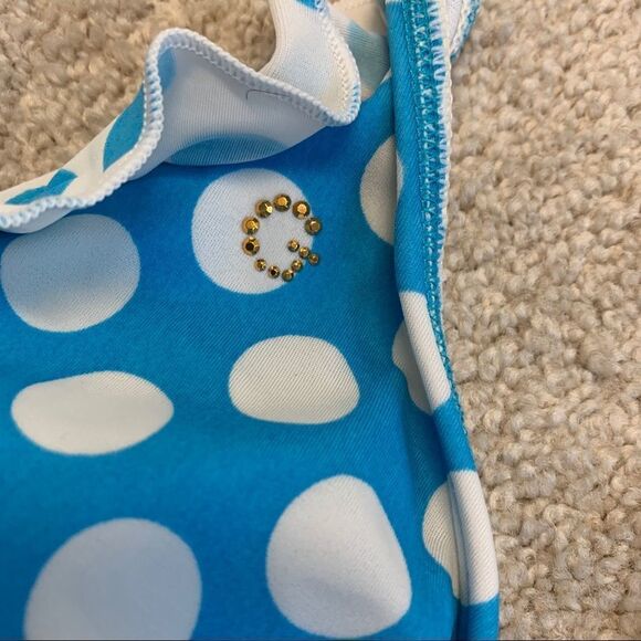 GUESS blue white polka dot ruffle frill bikini Sz L - Picture 5 of 9